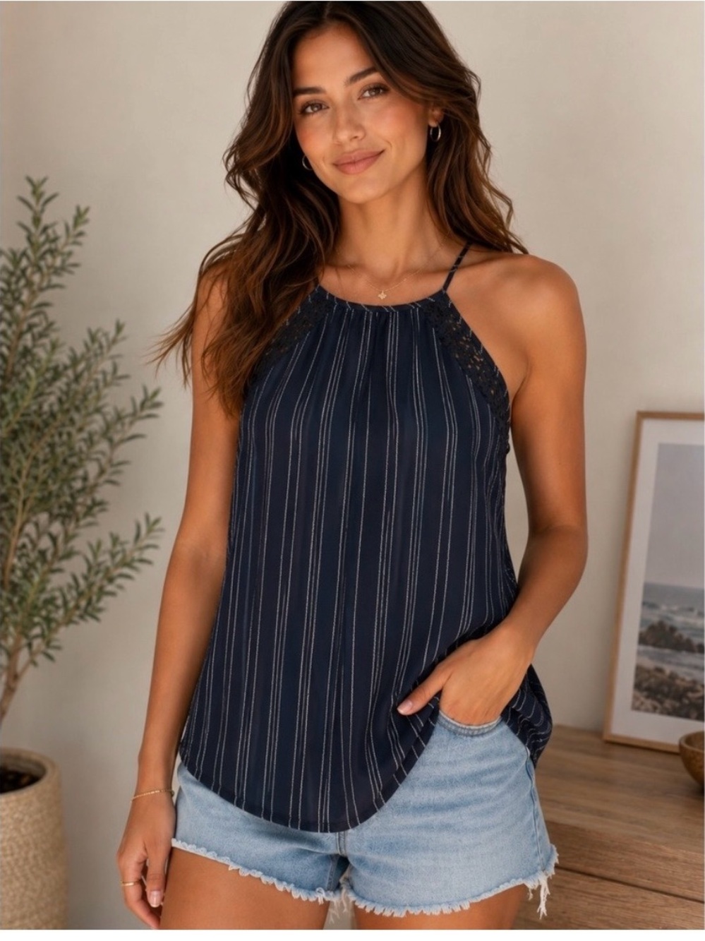 Ariat Maya Womens Navy Lace Halter Top Tank Blouse Striped Size Medium